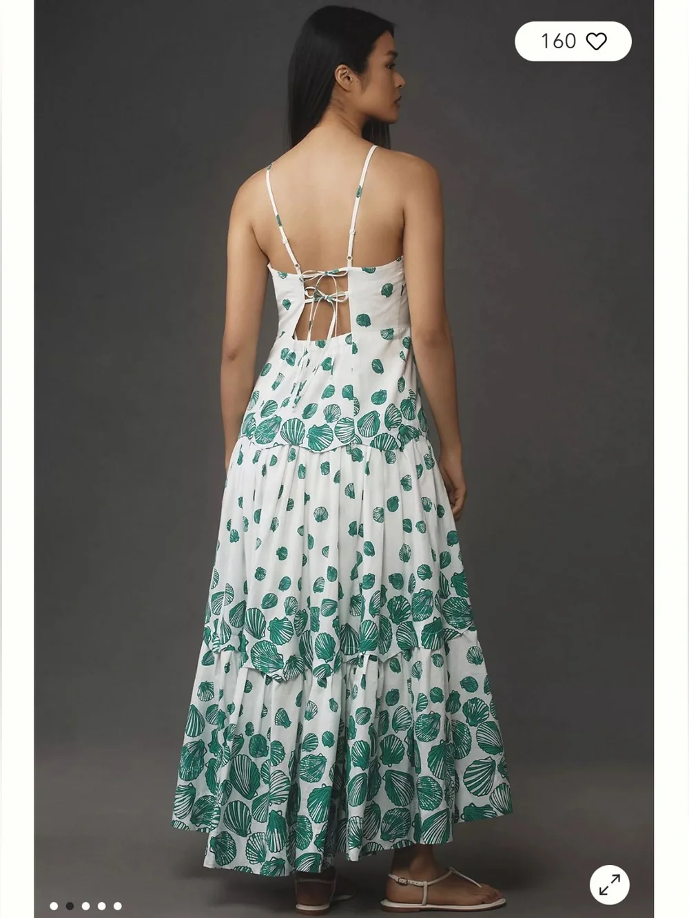 Anthropologie Maeve Halter Tiered Cotton Green/ White Seashell Maxi Dress, M